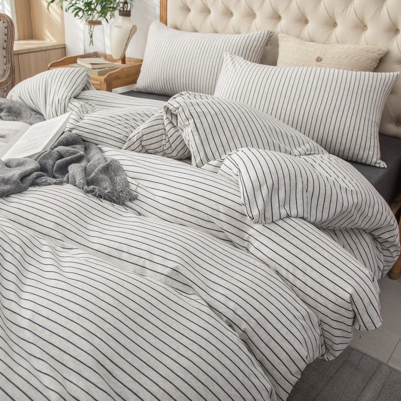 PURE ERA Jersey Knit Duvet Cover Set 100% T-Shirt Heather Cotton Super Soft Comfy Classic Striped Design, with Zipper Closure, Heather White & Black Pinstripe, King - Image 5